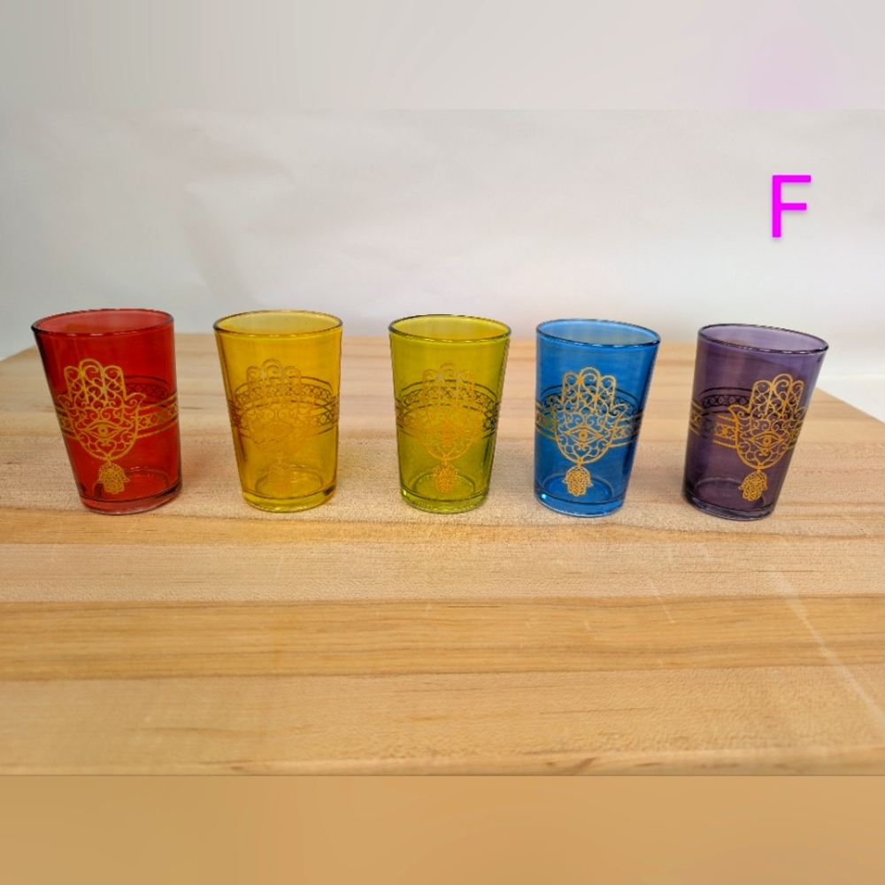 Set Of 5 Rainbow Bronze Verre Hamsa Hand Moroccan Tea Glasses [Set F]